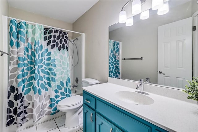 full bathroom featuring vanity, tile patterned flooring, toilet, and shower / bathtub combination with curtain