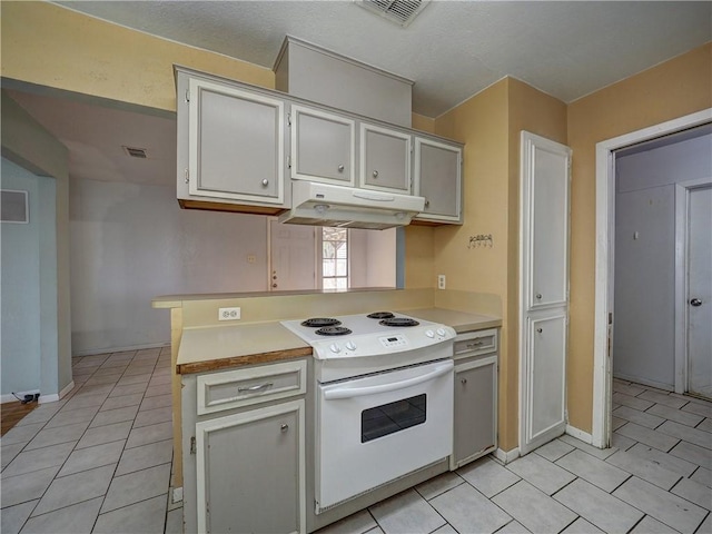 2100 Memorial Pkwy, Portland, TX 78374 - kitchen featuring white range with electric stovetop, under cabinet range hood, light countertops, light tile patterned floors, and baseboards