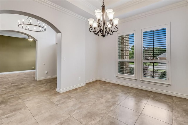 6241 Lago Vista Dr, Corpus Christi, TX 78414 - empty room with a chandelier, arched walkways, crown molding, a ceiling fan, and light tile patterned floors
