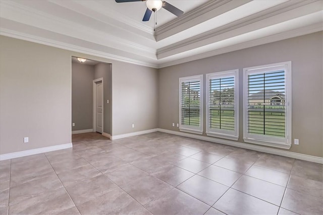 6241 Lago Vista Dr, Corpus Christi, TX 78414 - unfurnished room with ornamental molding, ceiling fan, light tile patterned floors, and a raised ceiling