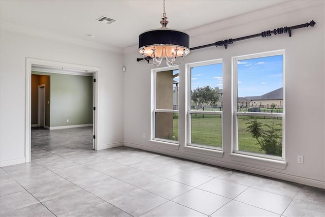 6241 Lago Vista Dr, Corpus Christi, TX 78414 - unfurnished dining area with a chandelier, light tile patterned floors, and ornamental molding