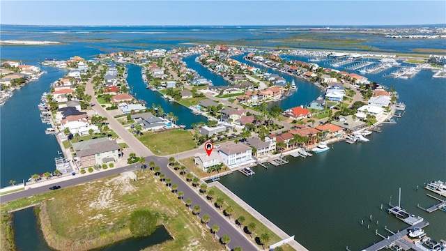 bird's eye view with a water view