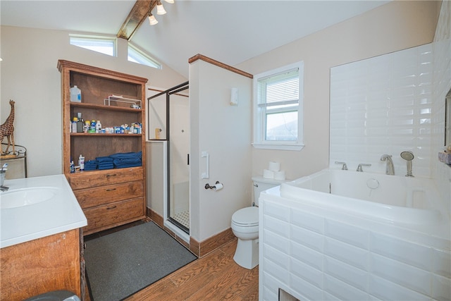 full bathroom with wood-type flooring, vaulted ceiling with beams, vanity, plus walk in shower, and toilet