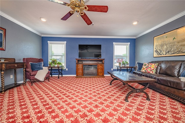 carpeted living room with ceiling fan, a textured ceiling, and ornamental molding