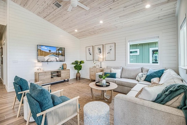 1911 Eskridge Rd, Port Aransas, TX 78373 - living area with lofted ceiling, wooden ceiling, wood finished floors, a ceiling fan, and recessed lighting