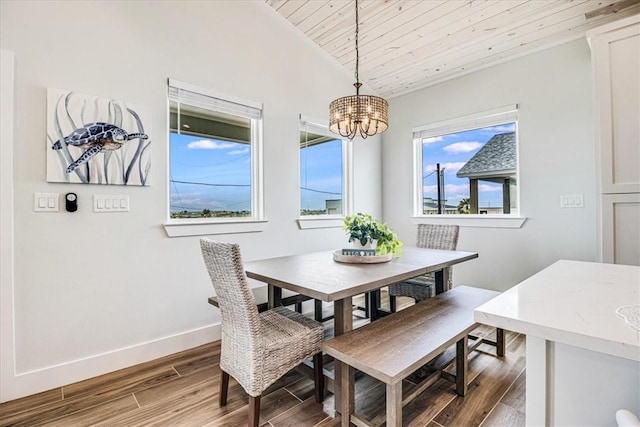 1911 Eskridge Rd, Port Aransas, TX 78373 - dining room featuring wooden ceiling, a chandelier, wood finished floors, and lofted ceiling