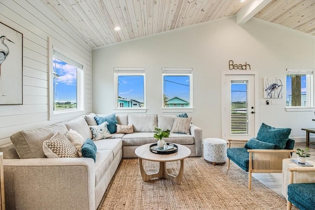 1911 Eskridge Rd, Port Aransas, TX 78373 - living room featuring plenty of natural light, wooden ceiling, recessed lighting, and wood walls