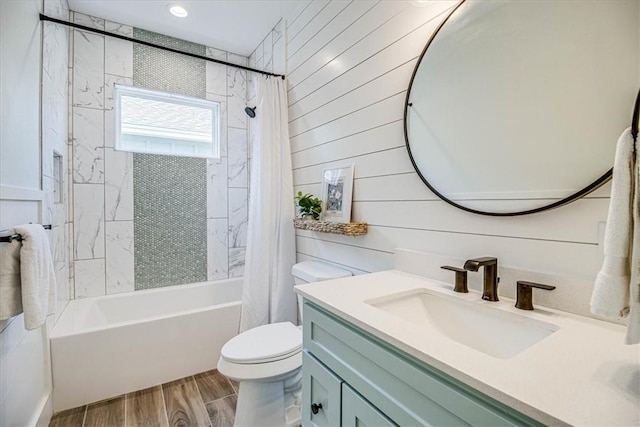 1911 Eskridge Rd, Port Aransas, TX 78373 - bathroom with vanity, shower / tub combo with curtain, wood finished floors, and wooden walls