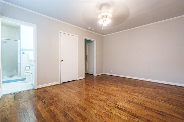 253 Melrose, Corpus Christi, TX 78404 - unfurnished bedroom with wood finished floors, baseboards, ornamental molding, connected bathroom, and ceiling fan