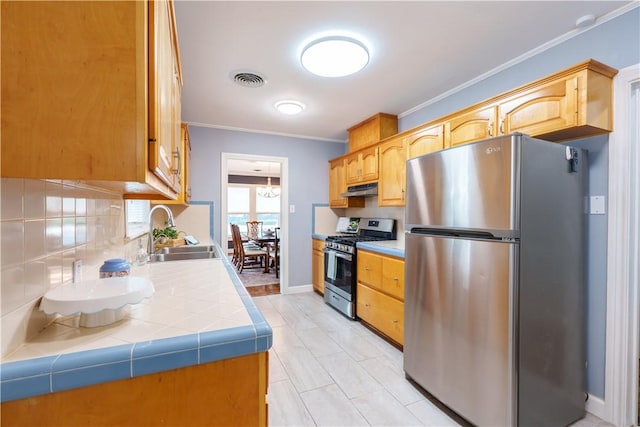 253 Melrose, Corpus Christi, TX 78404 - kitchen featuring stainless steel appliances, a sink, under cabinet range hood, ornamental molding, and backsplash