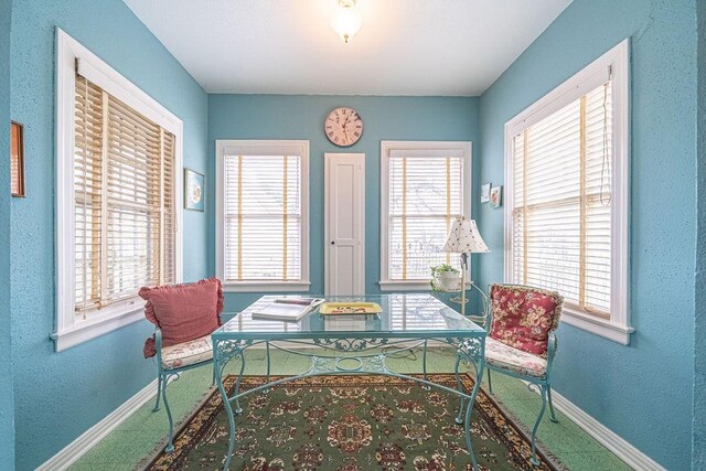 dining space with baseboards and a textured wall