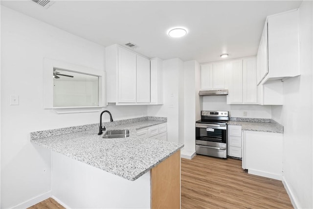 1601 Cambridge Dr, Corpus Christi, TX 78415 - kitchen with stainless steel electric range oven, under cabinet range hood, a peninsula, white cabinetry, and light wood-style floors
