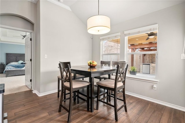 dining room with dark hardwood / wood-style flooring and vaulted ceiling