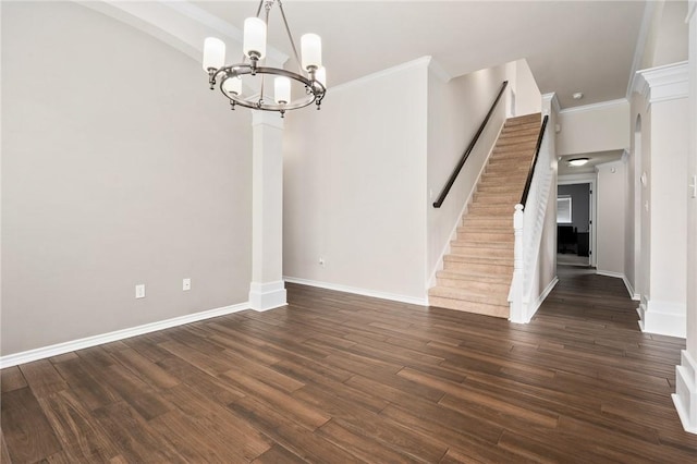 unfurnished dining area with crown molding, a chandelier, and dark hardwood / wood-style flooring