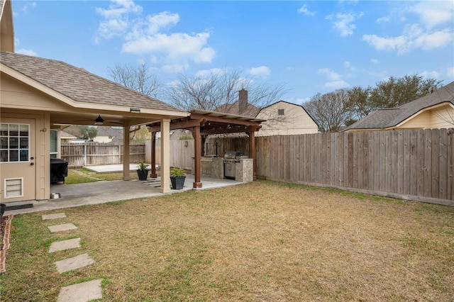 view of yard featuring ceiling fan, an outdoor kitchen, and a patio area