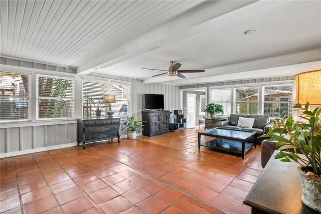 sunroom featuring wood ceiling and ceiling fan