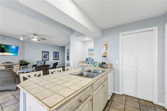 kitchen featuring sink, tile countertops, white dishwasher, kitchen peninsula, and ceiling fan