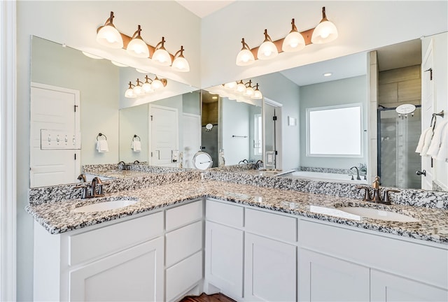 bathroom featuring vanity and a shower with shower door