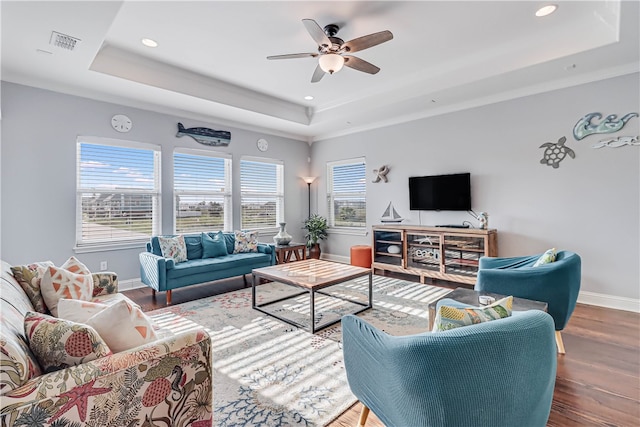 living room featuring hardwood / wood-style floors and a raised ceiling