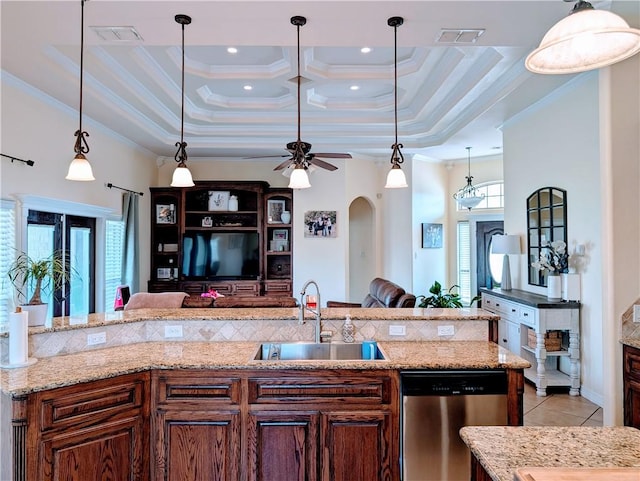 kitchen featuring ornamental molding, open floor plan, dishwasher, and a sink