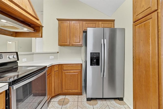 1225 Calle, San Carlos, Corpus Christi, TX 78417 - kitchen featuring appliances with stainless steel finishes, custom exhaust hood, light countertops, light tile patterned flooring, and lofted ceiling