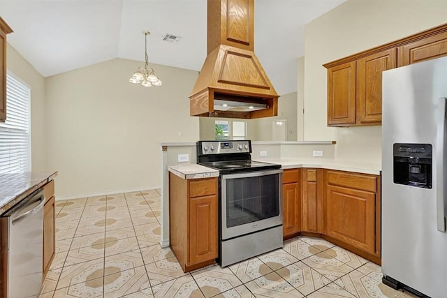1225 Calle, San Carlos, Corpus Christi, TX 78417 - kitchen with appliances with stainless steel finishes, light tile patterned floors, plenty of natural light, a chandelier, and lofted ceiling
