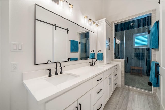 bathroom featuring double vanity, a shower stall, and a sink