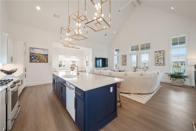 kitchen featuring blue cabinets, white appliances, wood finished floors, a sink, and light countertops