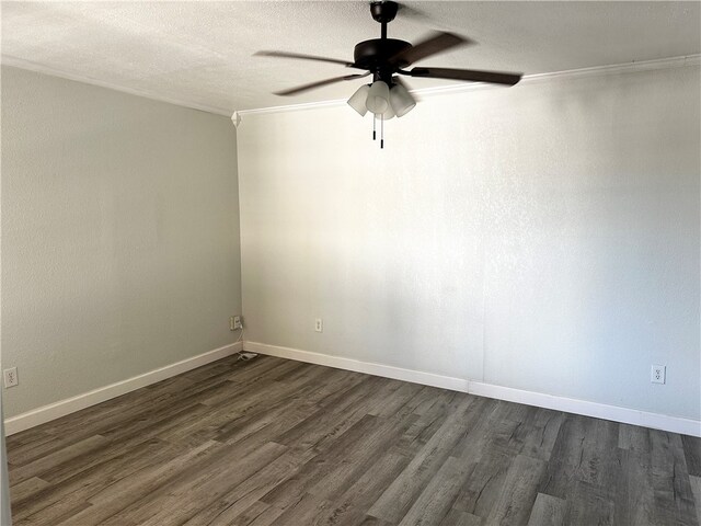 unfurnished room featuring ceiling fan, a textured ceiling, dark hardwood / wood-style floors, and crown molding