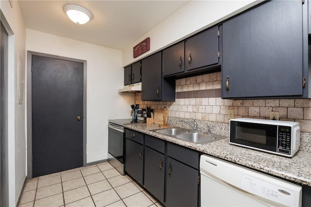 kitchen featuring stainless steel range with electric cooktop, sink, dishwasher, light tile patterned flooring, and decorative backsplash