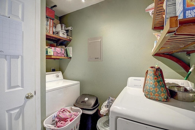 laundry area featuring electric panel and washing machine and clothes dryer