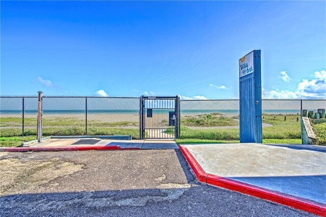 view of play area with a water view