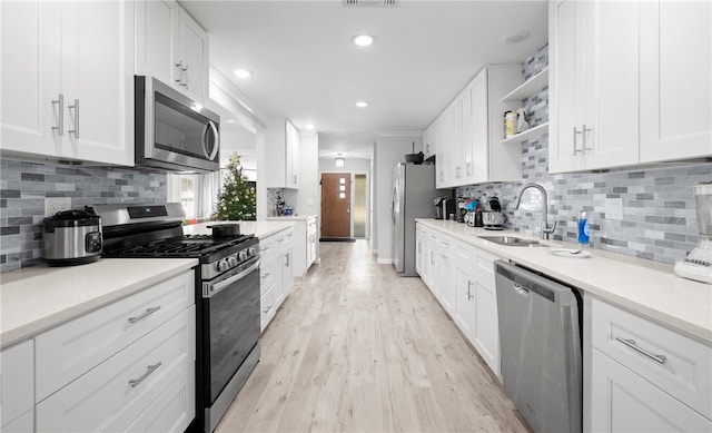 kitchen featuring white cabinets, decorative backsplash, stainless steel appliances, and sink