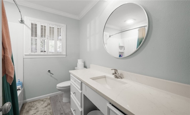 full bathroom featuring vanity, shower / bath combination with curtain, crown molding, toilet, and wood-type flooring