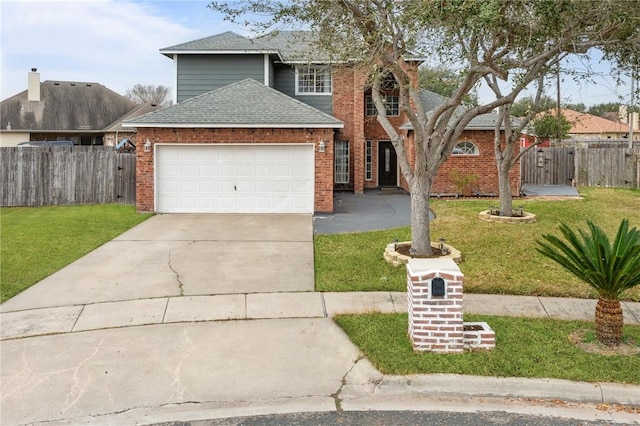 front facade featuring a garage and a front lawn