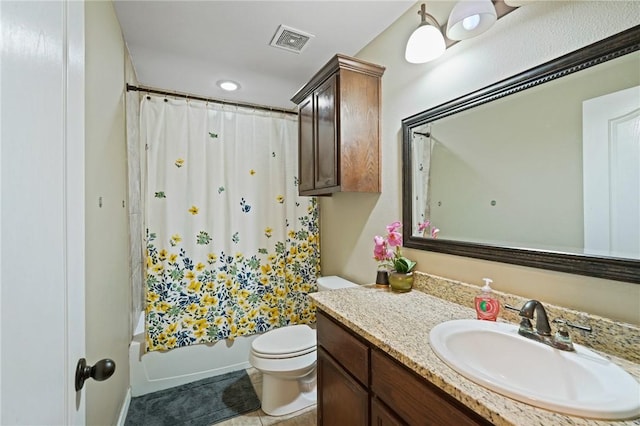 full bath with toilet, vanity, visible vents, tile patterned floors, and shower / tub combo with curtain