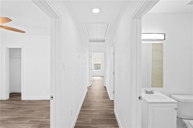 1113 Annapolis Dr, Corpus Christi, TX 78404 - hallway with attic access, wood finished floors, ornamental molding, baseboards, and a sink