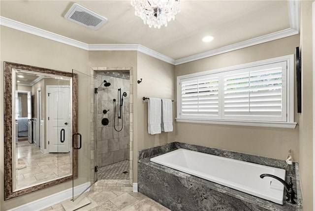 bathroom featuring a notable chandelier, visible vents, a bath, a stall shower, and crown molding