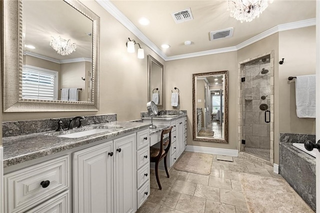 bathroom with a shower stall, visible vents, a notable chandelier, and ornamental molding