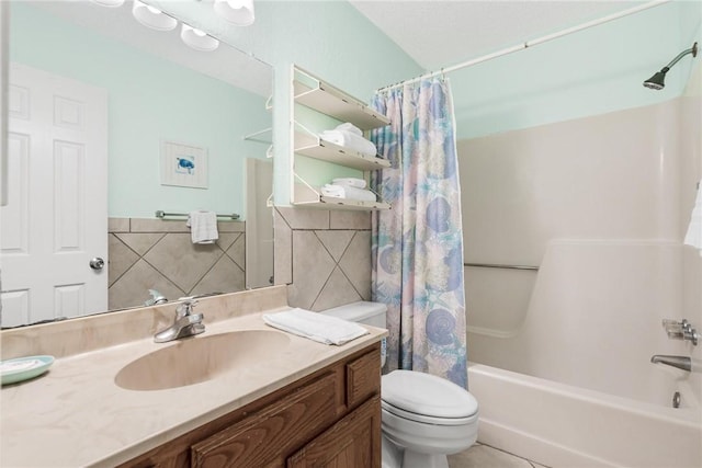 bathroom with shower / tub combo, vanity, toilet, and tile walls