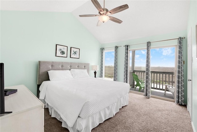 bedroom with carpet floors, access to outside, high vaulted ceiling, and a ceiling fan