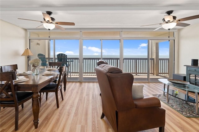 living area featuring plenty of natural light, a ceiling fan, a wall of windows, and light wood-style floors