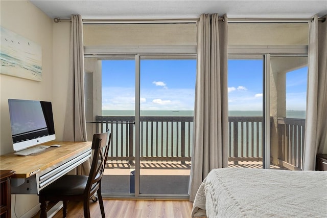 bedroom featuring wood finished floors, access to exterior, and a water view