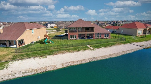 aerial view featuring a water view