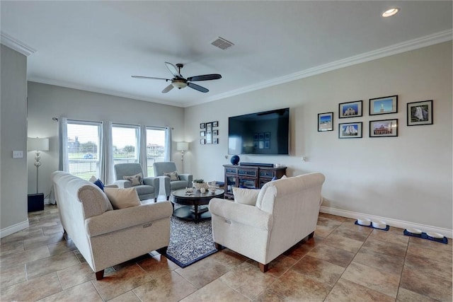 living room featuring ceiling fan and ornamental molding