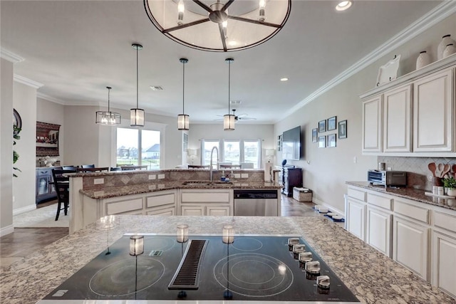 kitchen featuring stainless steel dishwasher, ceiling fan, crown molding, and sink