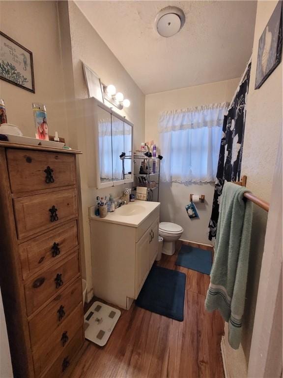 bathroom featuring vanity, hardwood / wood-style floors, and toilet