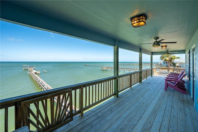 deck featuring ceiling fan and a water view