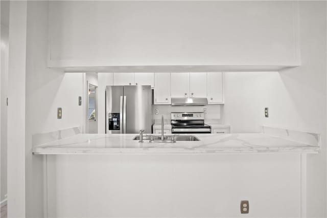 kitchen featuring light stone countertops, kitchen peninsula, white cabinetry, appliances with stainless steel finishes, and sink