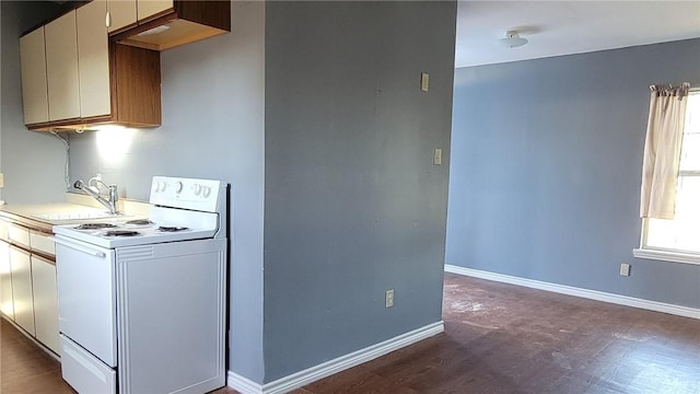 kitchen with white range with electric stovetop, sink, and dark wood-type flooring